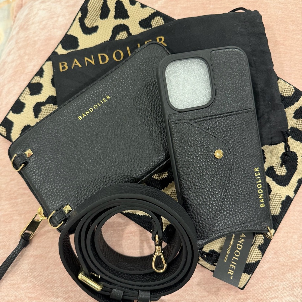 Bandolier Black Leather 14 Pro Max Phone Case w/ Crossbody Strap & Wallet